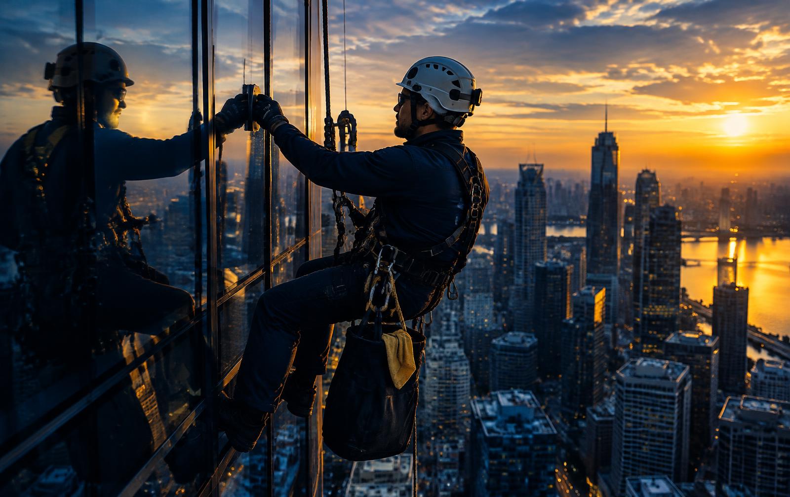 Profissional com cinto e capacete realizando serviço em altura na fachada de um edifício